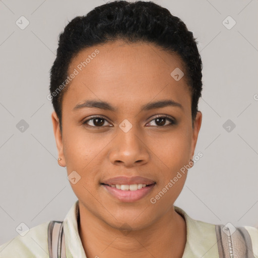 Joyful latino young-adult female with short  black hair and brown eyes