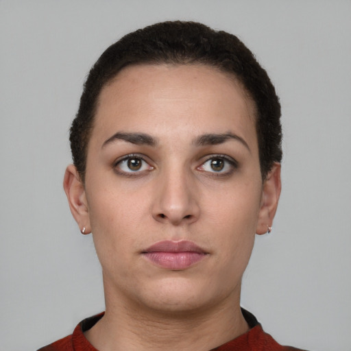 Neutral latino young-adult female with short  brown hair and brown eyes
