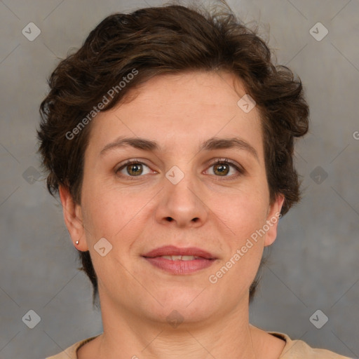 Joyful white adult female with short  brown hair and brown eyes