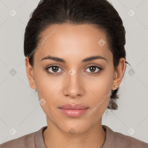 Neutral latino young-adult female with short  brown hair and brown eyes