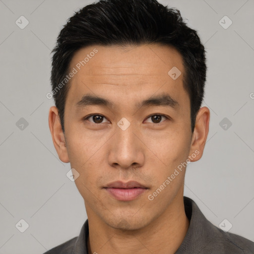 Neutral asian young-adult male with short  black hair and brown eyes