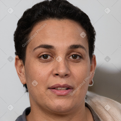 Joyful white adult female with short  brown hair and brown eyes