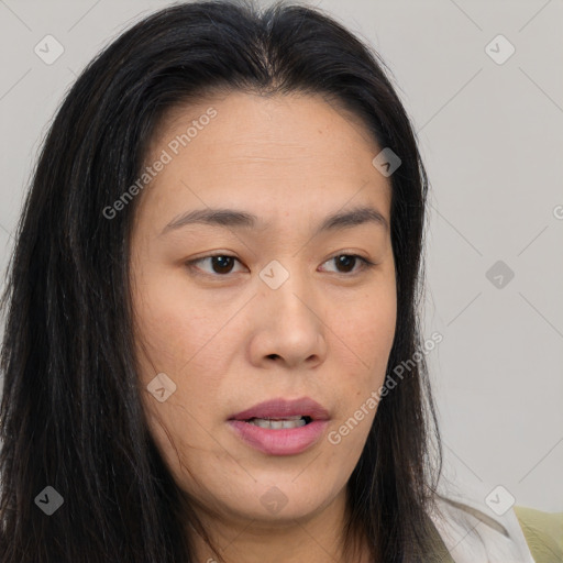 Joyful asian young-adult female with long  brown hair and brown eyes