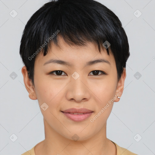 Joyful asian young-adult female with short  brown hair and brown eyes