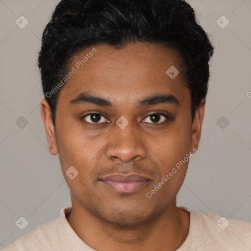 Joyful black young-adult male with short  black hair and brown eyes