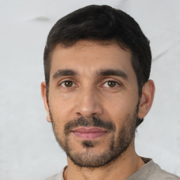 Joyful white young-adult male with short  black hair and brown eyes