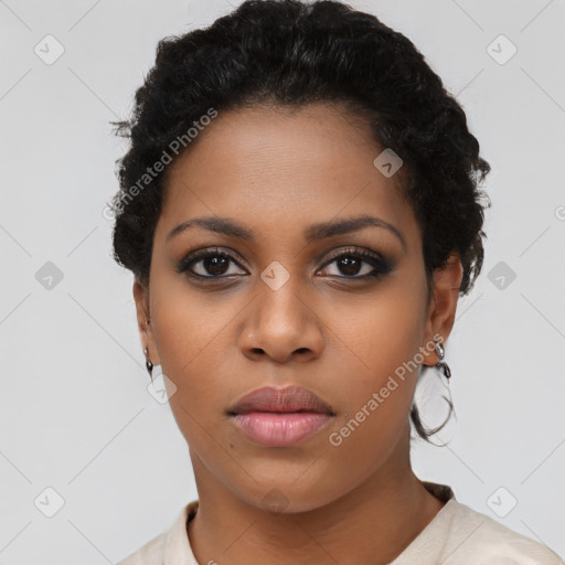 Neutral latino young-adult female with short  black hair and brown eyes