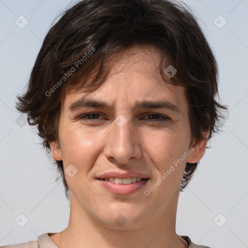 Joyful white adult female with medium  brown hair and brown eyes