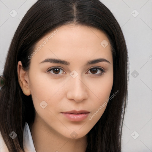 Neutral white young-adult female with long  brown hair and brown eyes