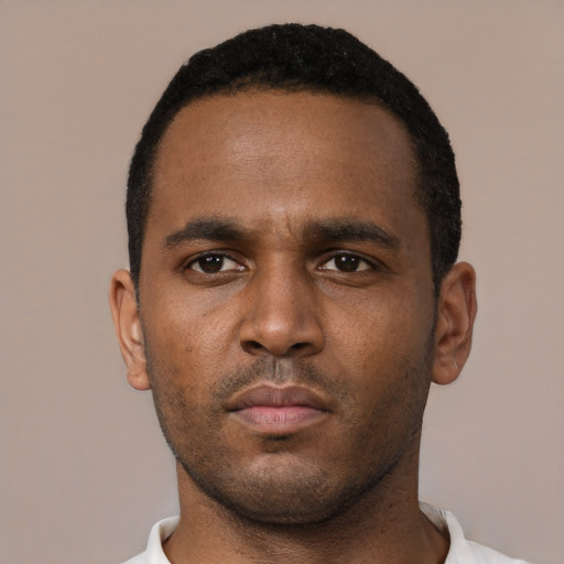 Neutral black young-adult male with short  black hair and brown eyes