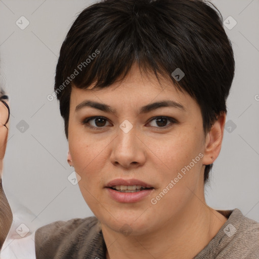 Joyful white young-adult female with medium  brown hair and brown eyes