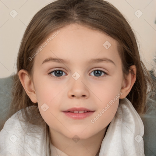 Joyful white child female with medium  brown hair and brown eyes