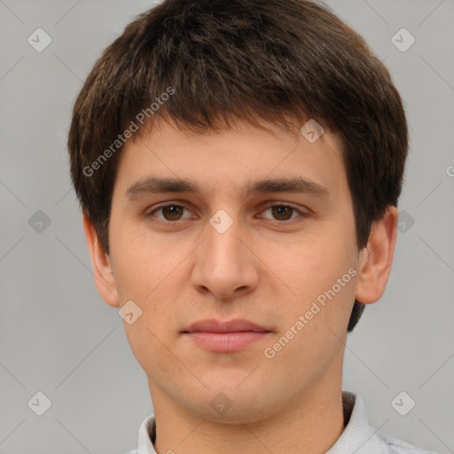 Neutral white young-adult male with short  brown hair and brown eyes