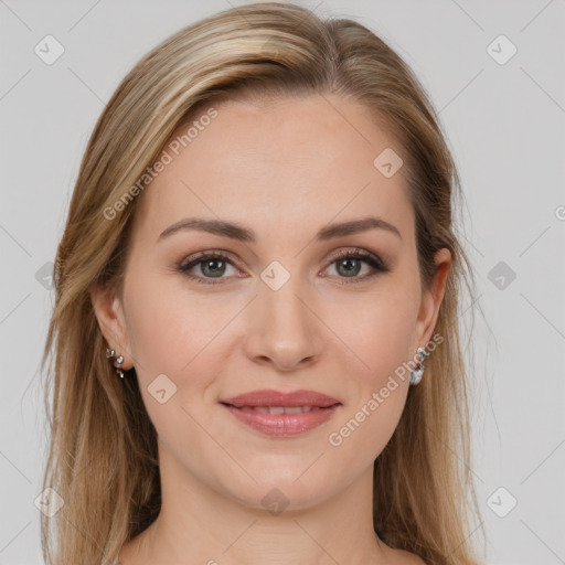 Joyful white young-adult female with long  brown hair and grey eyes