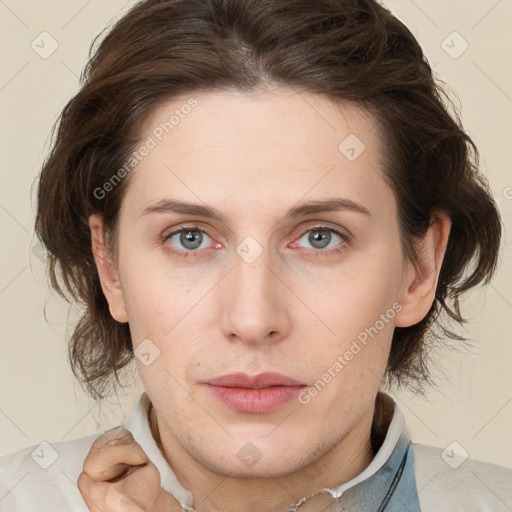 Neutral white young-adult female with medium  brown hair and grey eyes