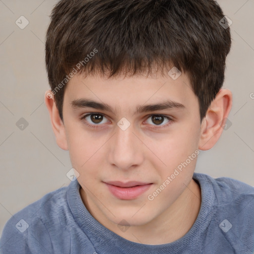 Joyful white child male with short  brown hair and brown eyes