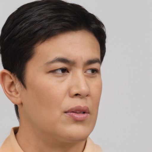 Neutral asian young-adult female with short  black hair and brown eyes