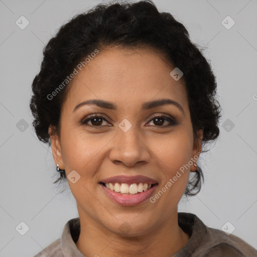 Joyful latino young-adult female with short  brown hair and brown eyes