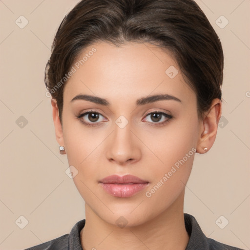 Neutral white young-adult female with short  brown hair and brown eyes