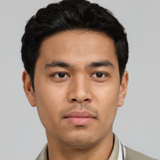 Neutral asian young-adult male with short  black hair and brown eyes