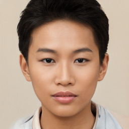 Neutral asian young-adult female with short  brown hair and brown eyes