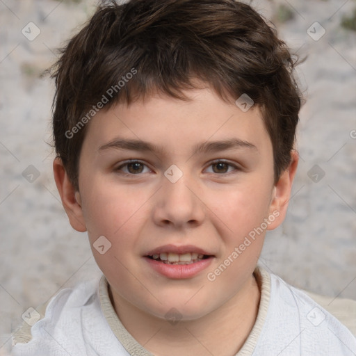 Joyful white child male with short  brown hair and brown eyes