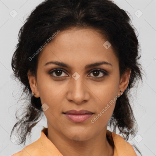 Joyful latino young-adult female with medium  brown hair and brown eyes