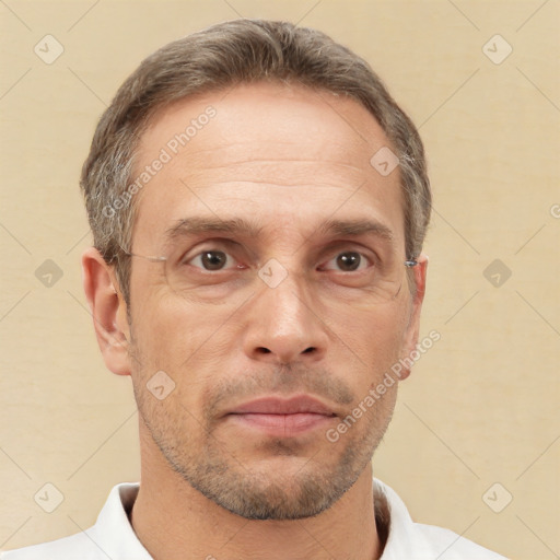 Neutral white adult male with short  brown hair and brown eyes