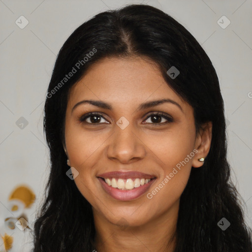 Joyful latino young-adult female with long  black hair and brown eyes