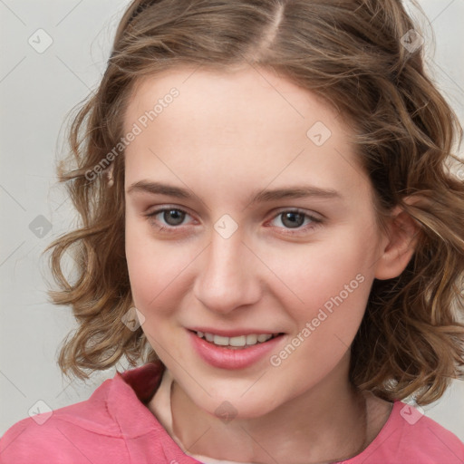 Joyful white child female with medium  brown hair and brown eyes