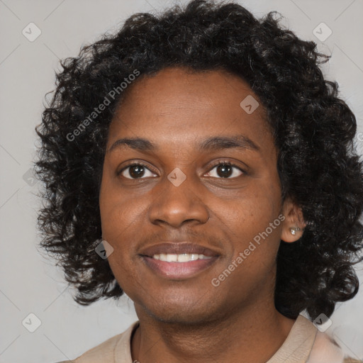 Joyful black young-adult female with medium  black hair and brown eyes