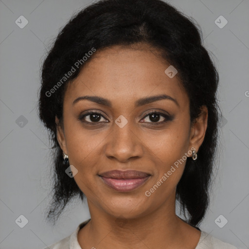 Joyful black young-adult female with medium  black hair and brown eyes