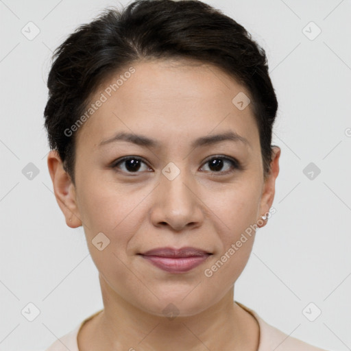 Joyful white young-adult female with short  brown hair and brown eyes