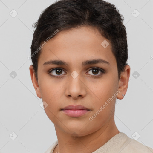 Neutral white young-adult female with short  brown hair and brown eyes