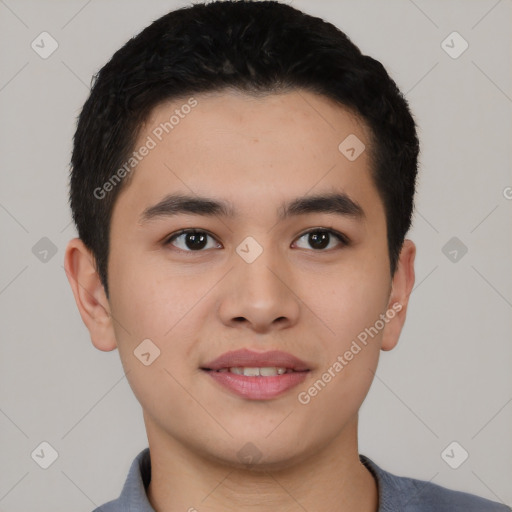 Joyful asian young-adult male with short  black hair and brown eyes