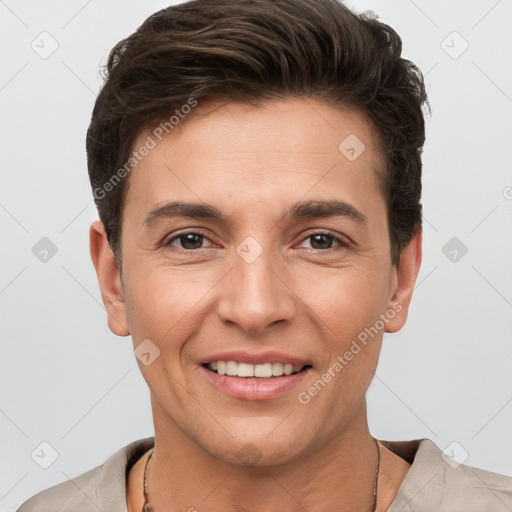 Joyful white young-adult male with short  brown hair and brown eyes