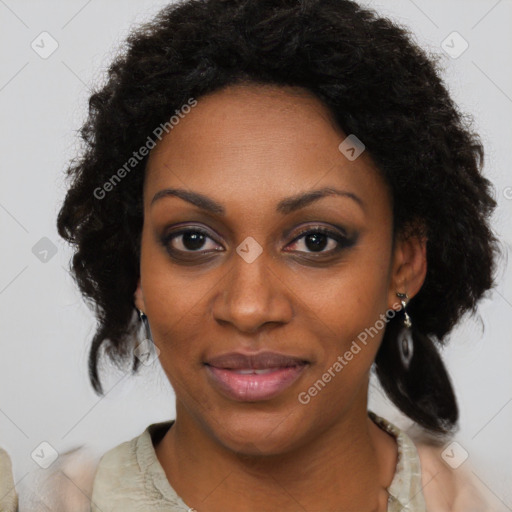 Joyful black young-adult female with medium  black hair and brown eyes