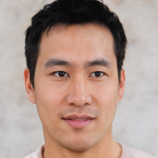 Neutral asian young-adult male with short  black hair and brown eyes