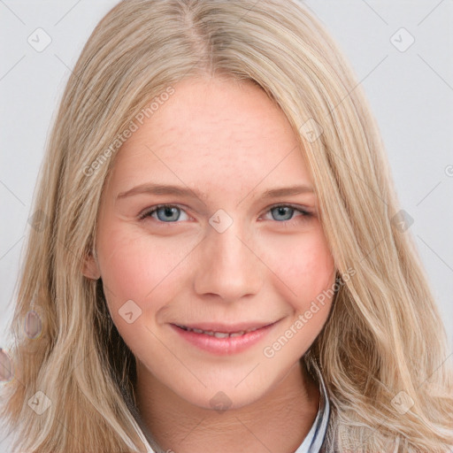 Joyful white young-adult female with long  brown hair and blue eyes