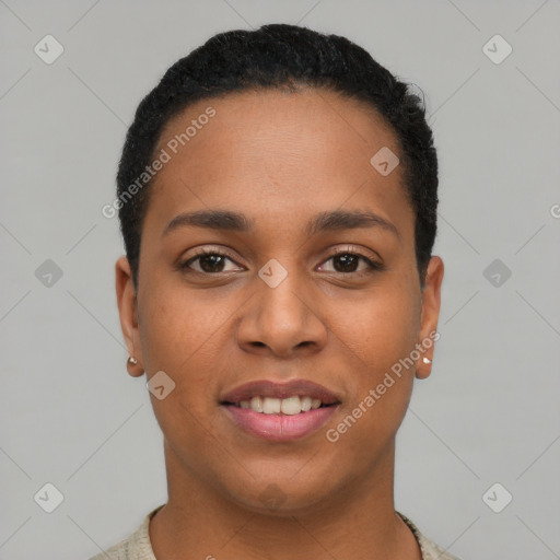 Joyful latino young-adult female with short  black hair and brown eyes