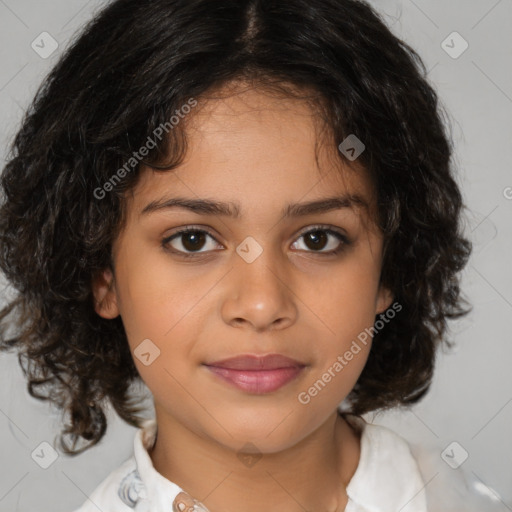 Joyful white child female with medium  brown hair and brown eyes