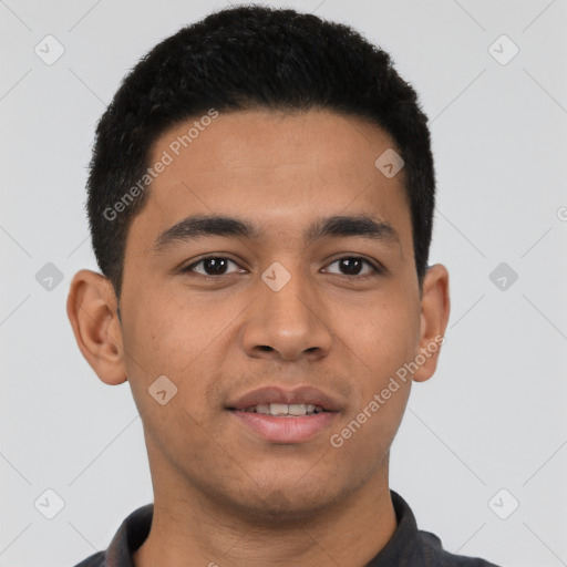 Neutral latino young-adult male with short  black hair and brown eyes