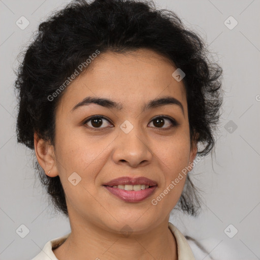 Joyful latino young-adult female with short  brown hair and brown eyes