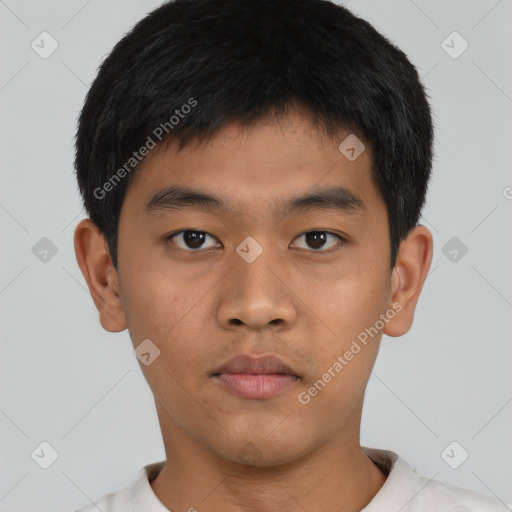 Neutral asian young-adult male with short  brown hair and brown eyes