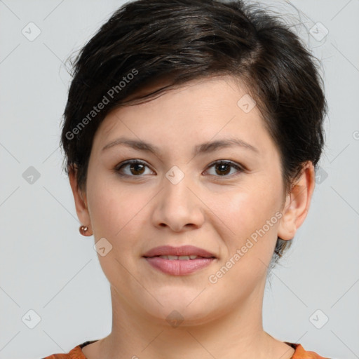 Joyful white young-adult female with short  brown hair and brown eyes