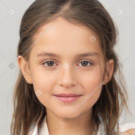 Joyful white child female with medium  brown hair and brown eyes