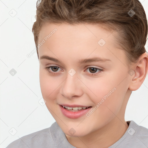 Joyful white child female with short  brown hair and brown eyes