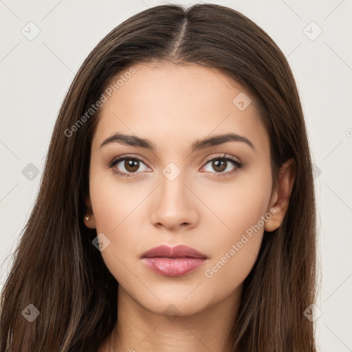 Neutral white young-adult female with long  brown hair and brown eyes