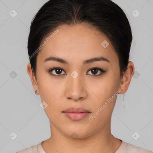 Neutral white young-adult female with short  brown hair and brown eyes