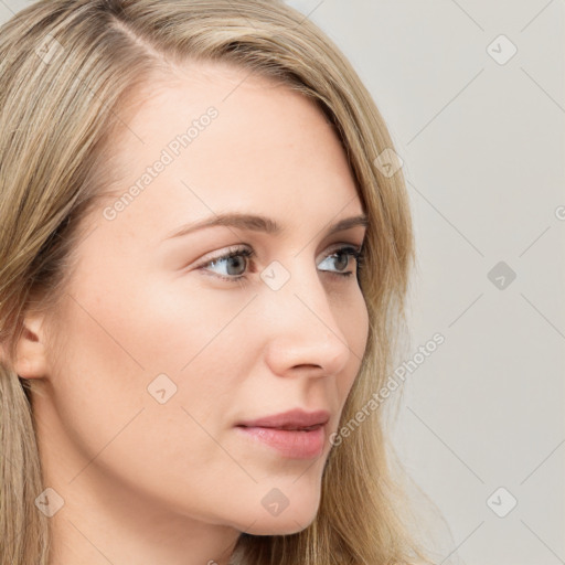 Neutral white young-adult female with long  brown hair and grey eyes